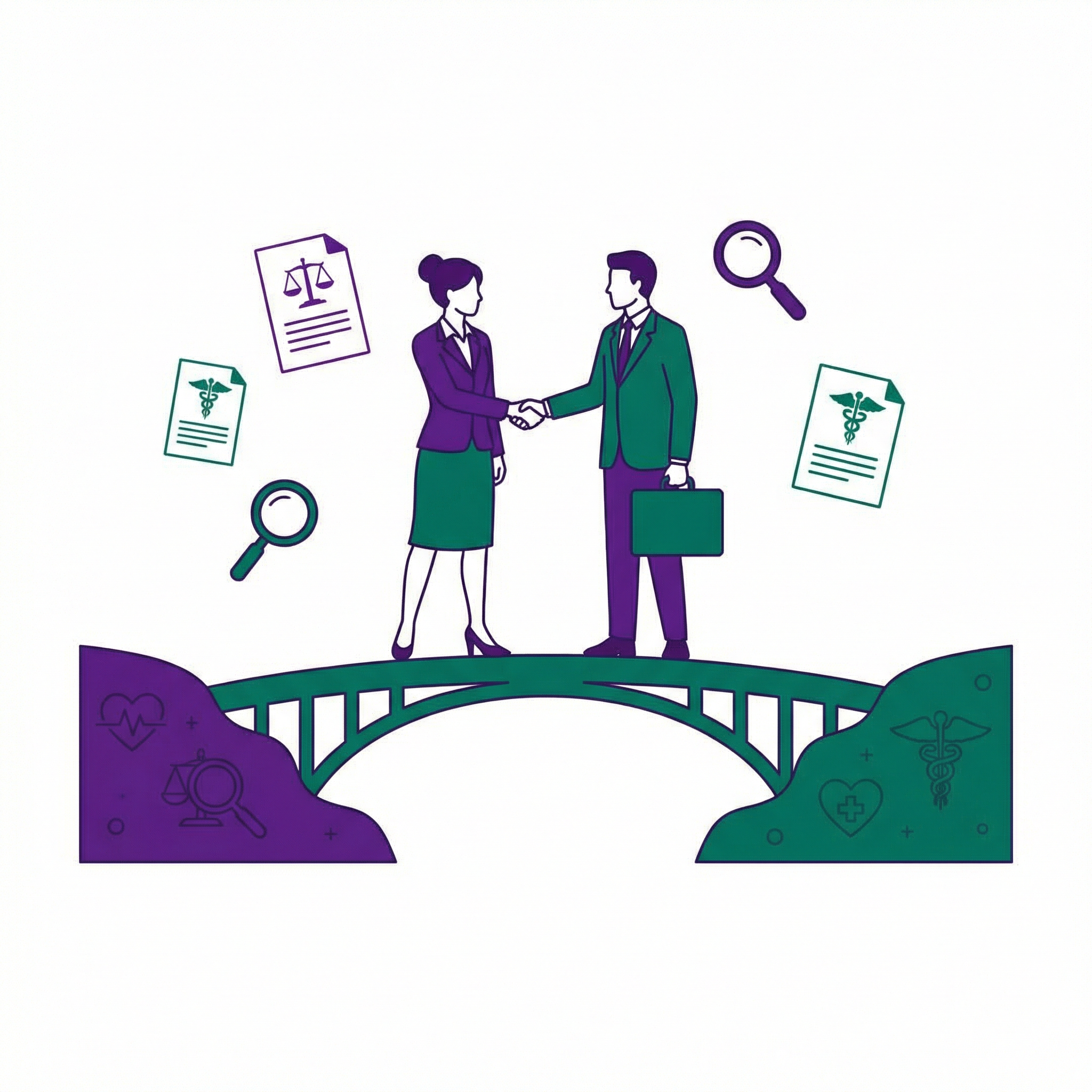 Partnership Board illustration showing two people shaking hands on a bridge